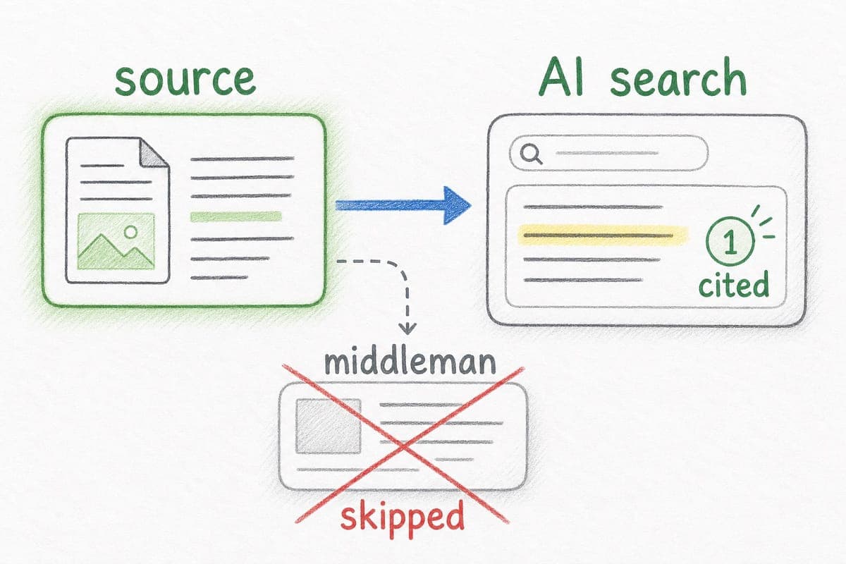 AI search citing first-party source content while middleman content is skipped