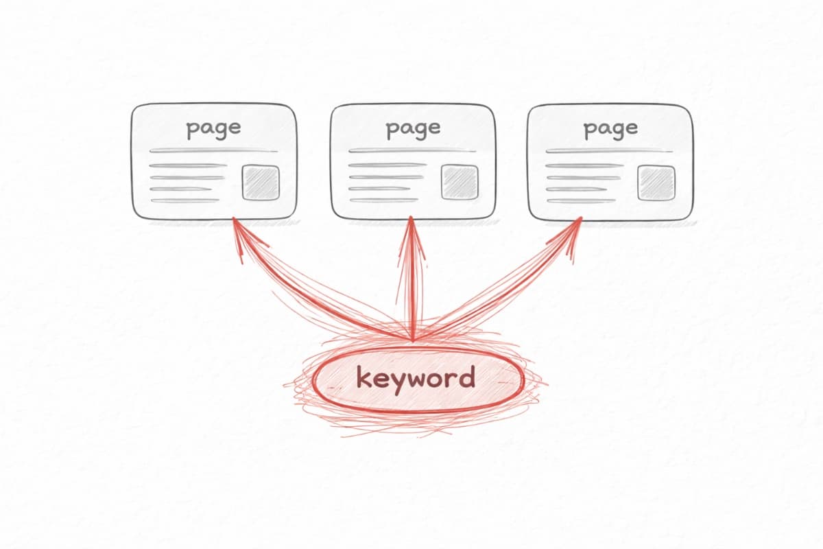 Keyword cannibalization diagram showing multiple pages competing for the same search query