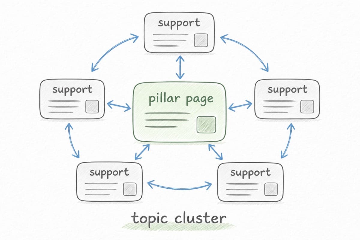 Topic cluster map with a central pillar page connected to related supporting articles