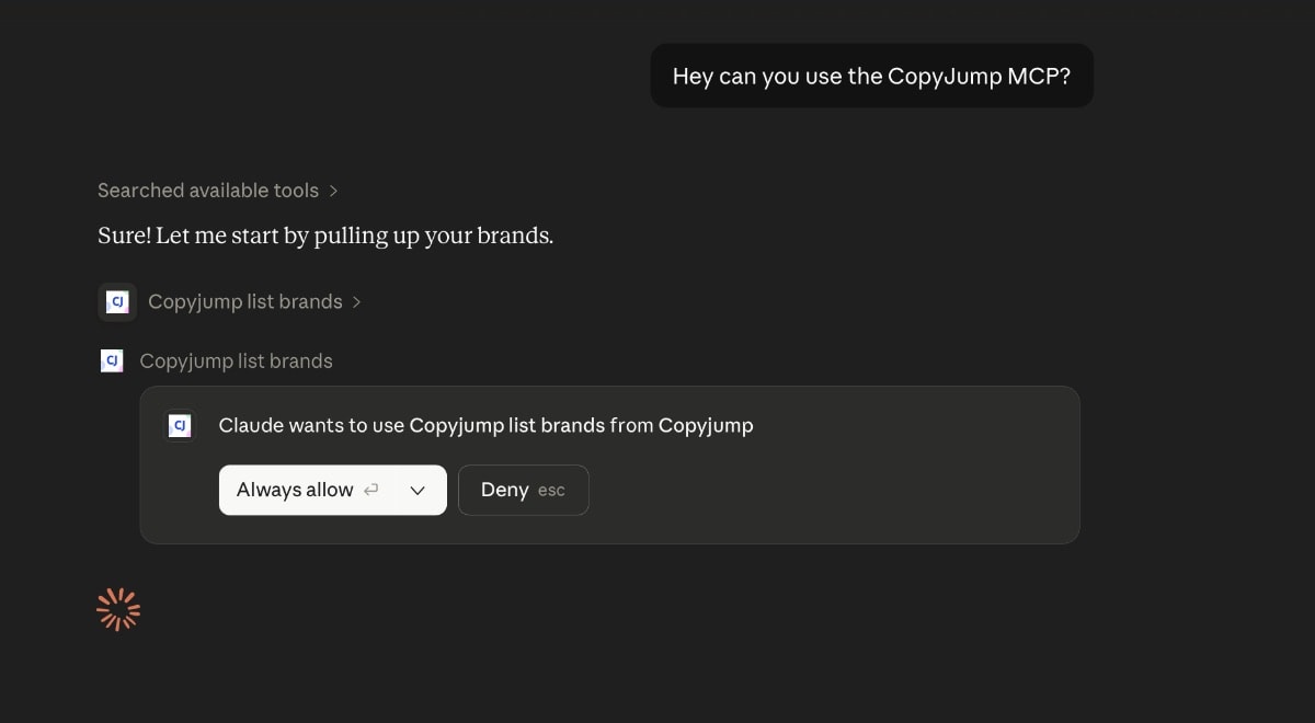 Claude using the CopyJump MCP server to list available brands
