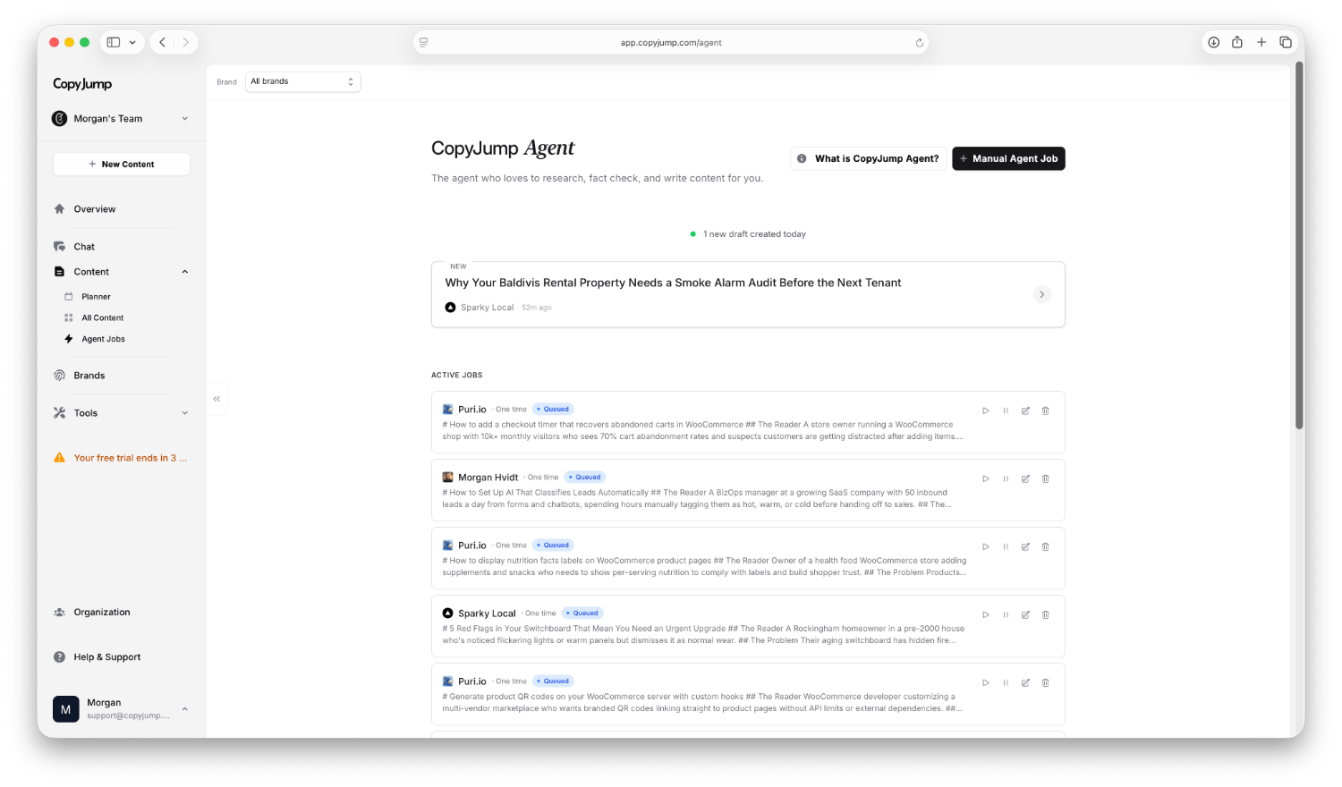 CopyJump Content Agent Dashboard Interface