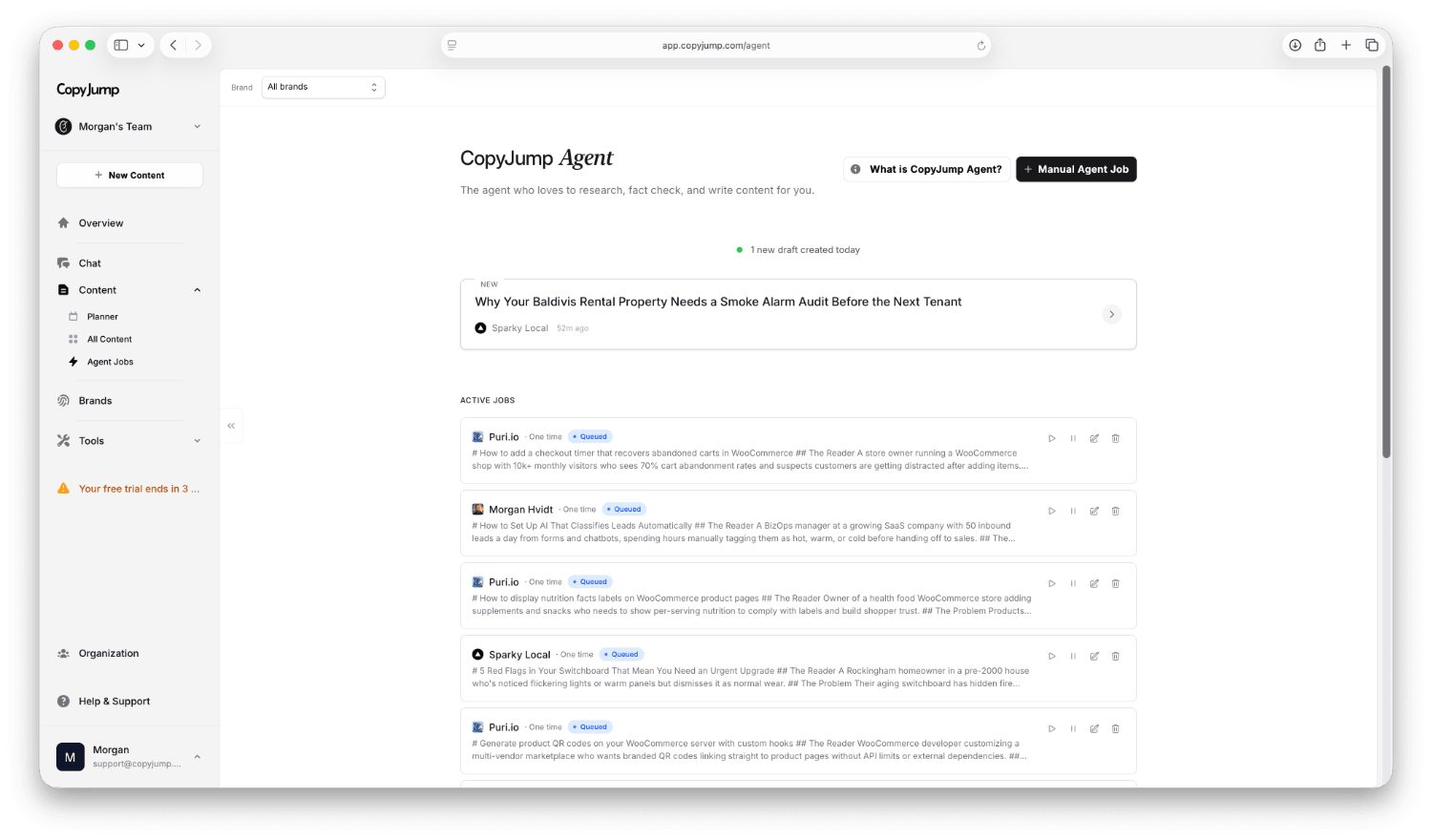 CopyJump Content Agent Dashboard Interface