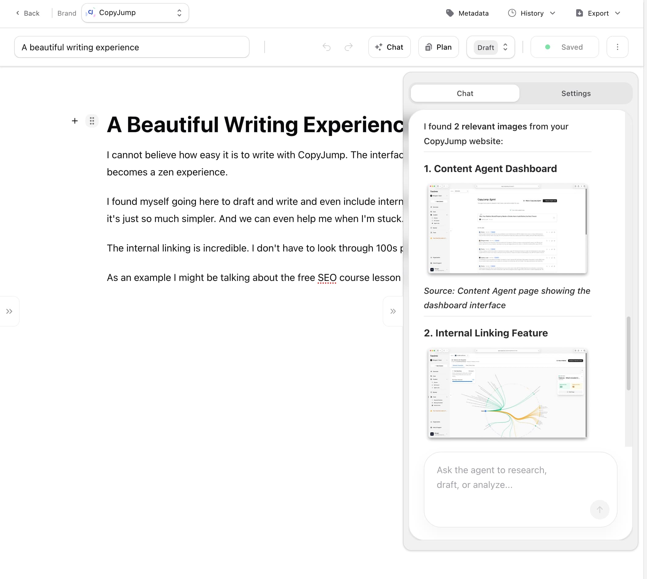 CopyJump writing editor with AI chat sidebar