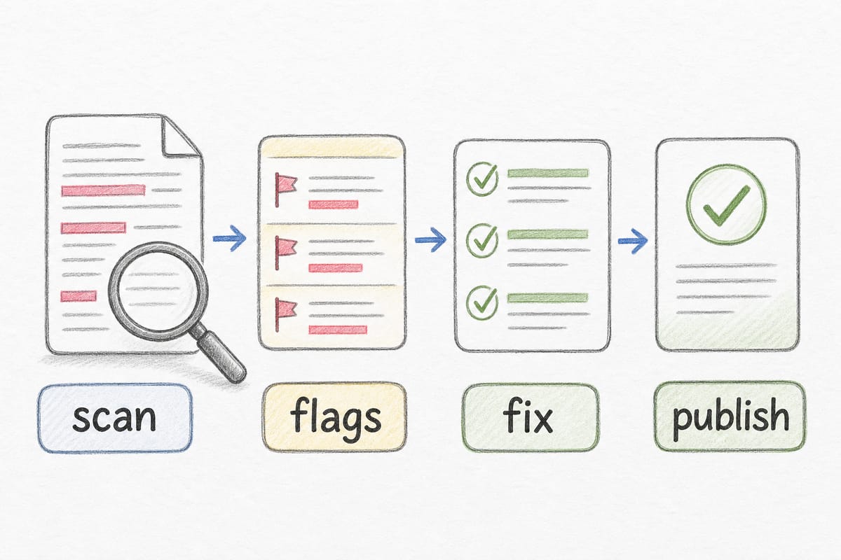 AI content detection illustration showing scanning, flagged patterns, fixes, and publishing