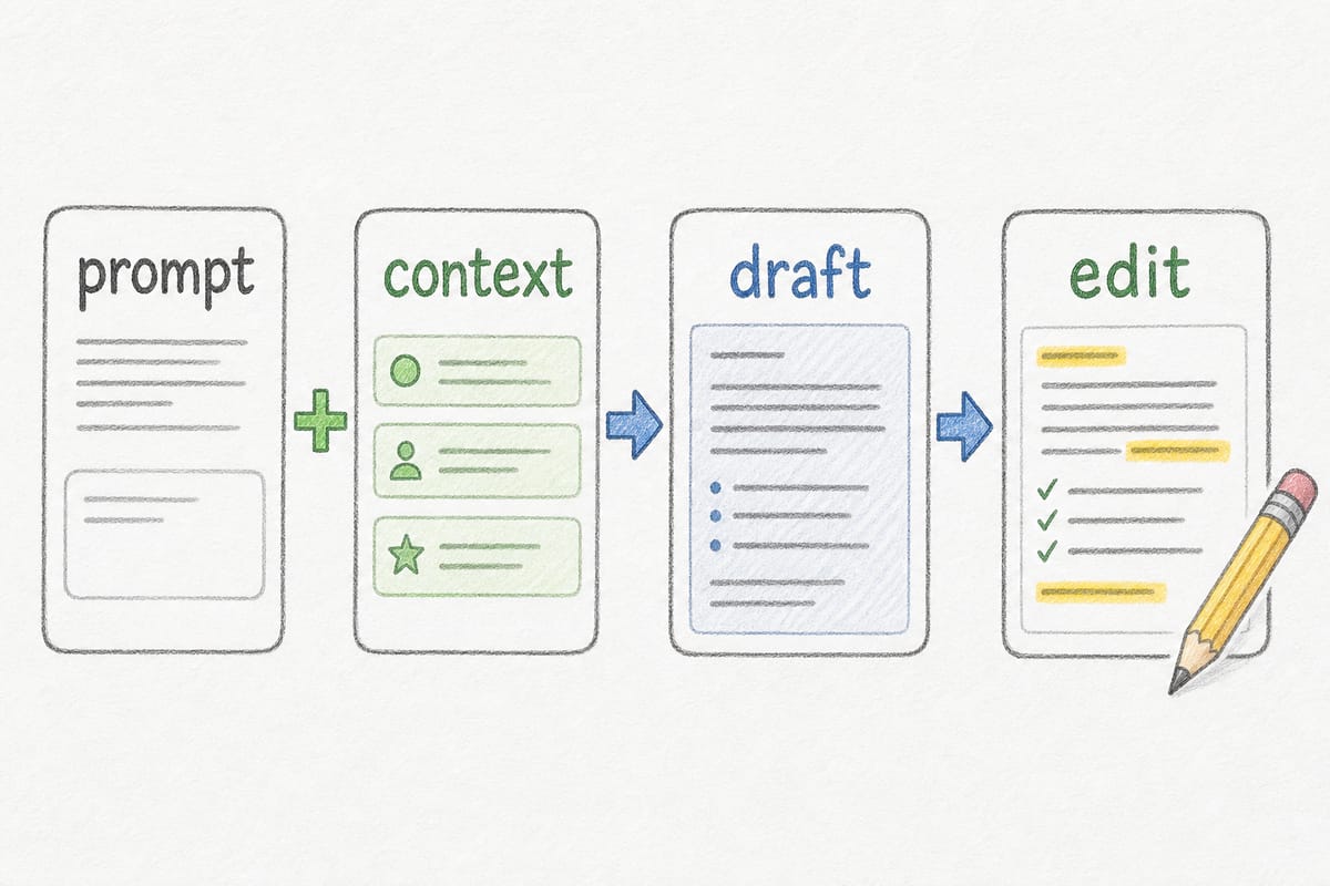 A chat box producing a generic reply versus a writing system fed with structure, brand voice, audience, and evidence as inputs