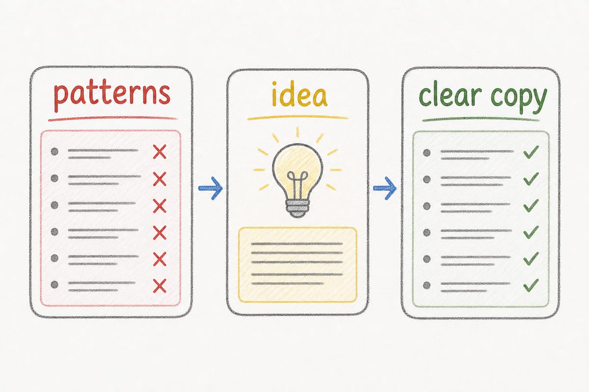 AI writing patterns illustration showing weak patterns being converted into clear copy while preserving the idea