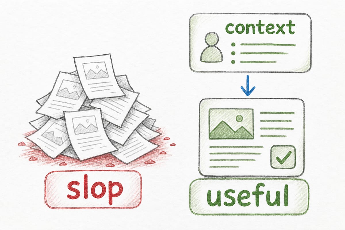 Side-by-side comparison of generic average-sounding AI text versus specific, useful content that stands out