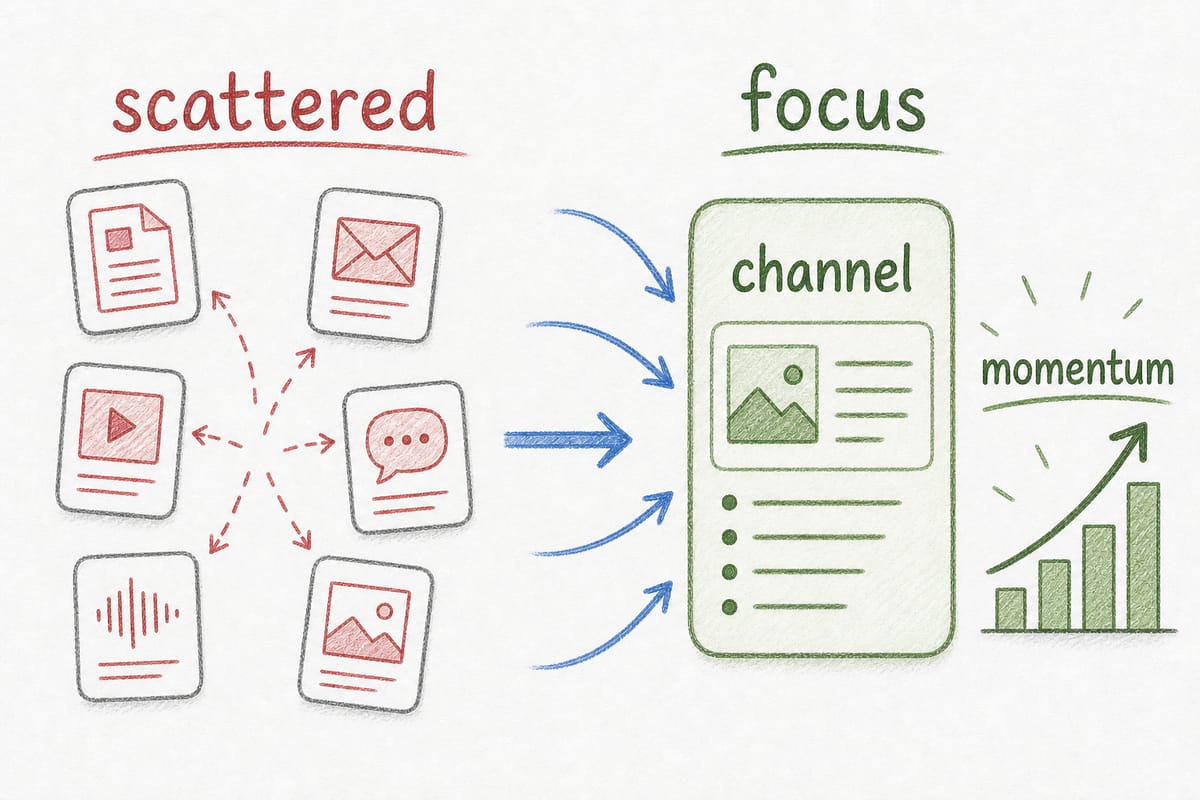Content channel focus illustration showing scattered content effort becoming focused momentum in one primary channel