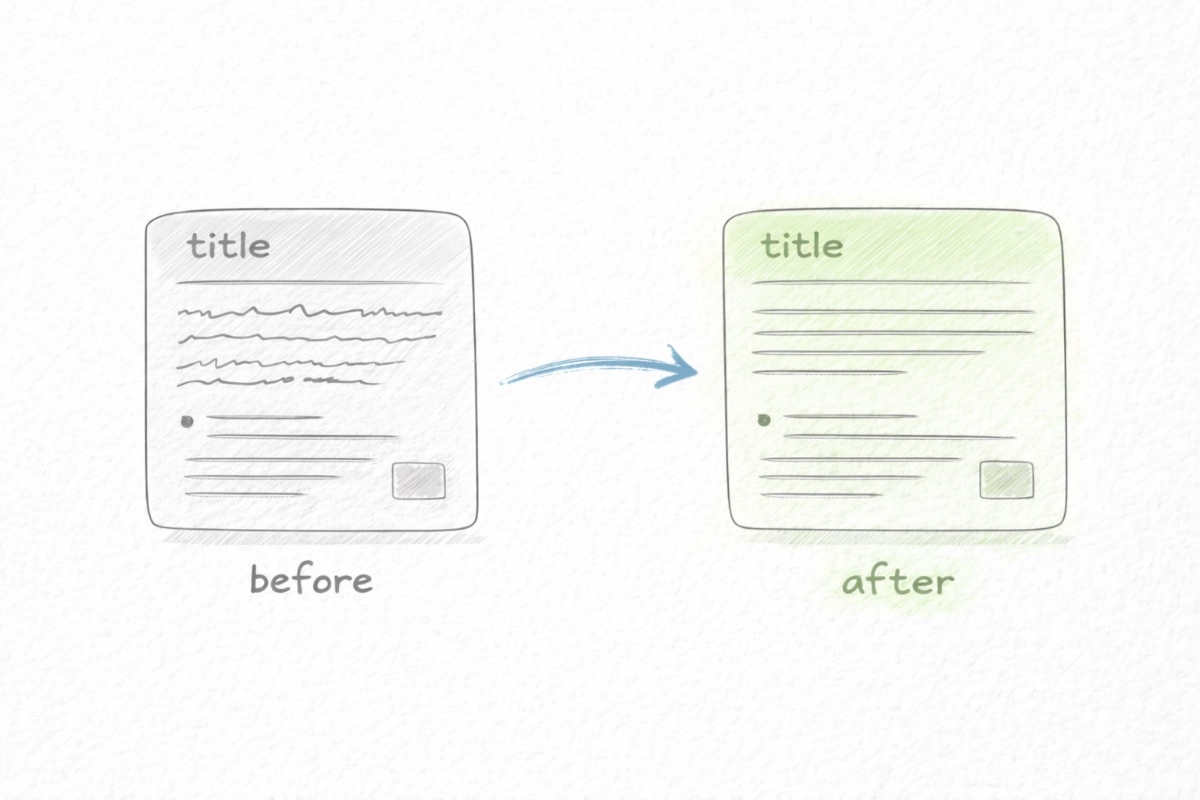 Before and after content optimization showing an old page improved with clearer structure and stronger sections