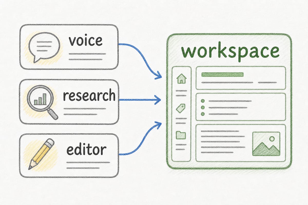CopyJump workspace illustration showing voice, research, and editor inputs becoming one content workspace