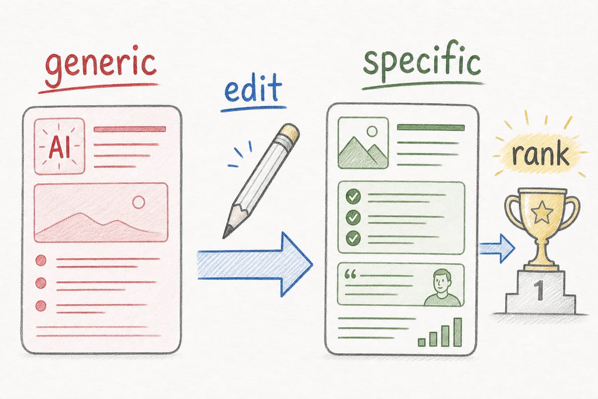 AI content editing illustration showing generic draft content becoming specific content through editing