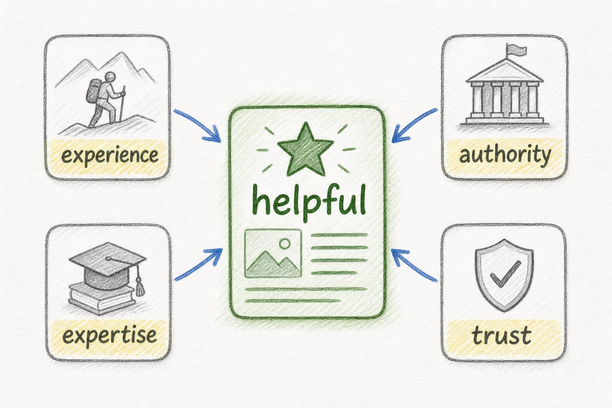 Helpful content quality signals illustration showing experience, expertise, authority, and trust feeding into a helpful page