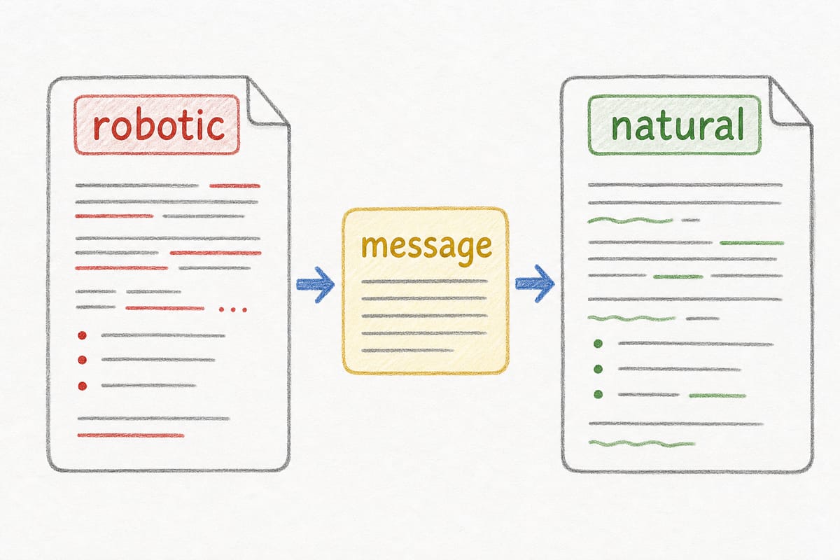 Humanizing AI content illustration showing robotic wording becoming natural while the core message stays intact