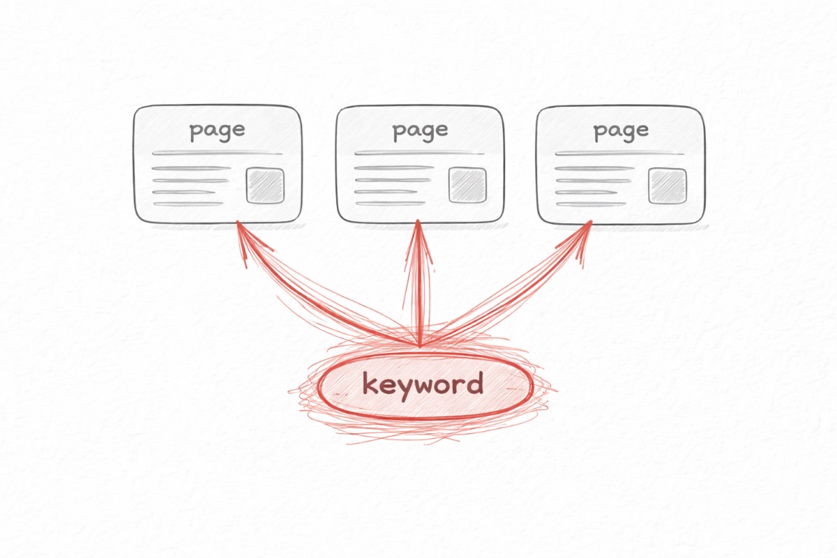 Keyword cannibalization diagram showing multiple pages competing for the same search query