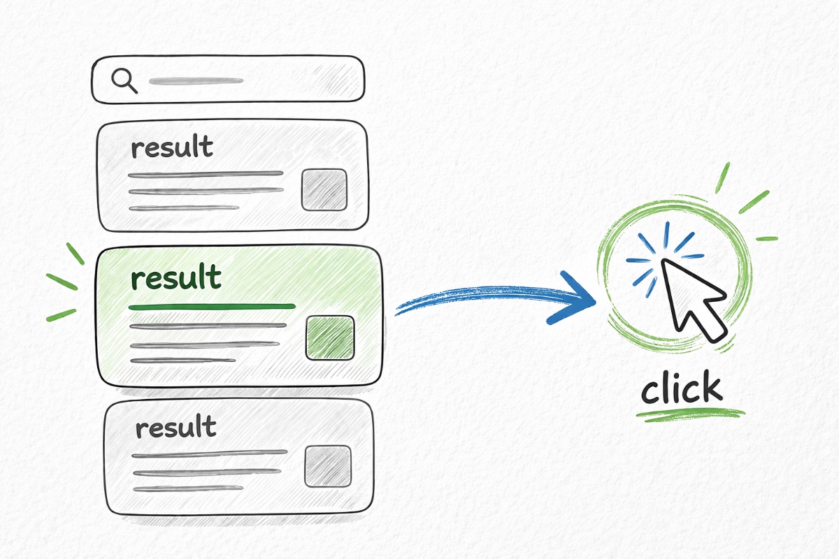 Search result click-through rate illustration showing impressions turning into clicks