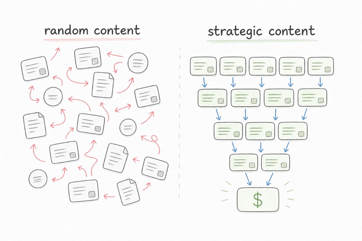 Strategic content flow showing a focused path from content planning to business outcomes