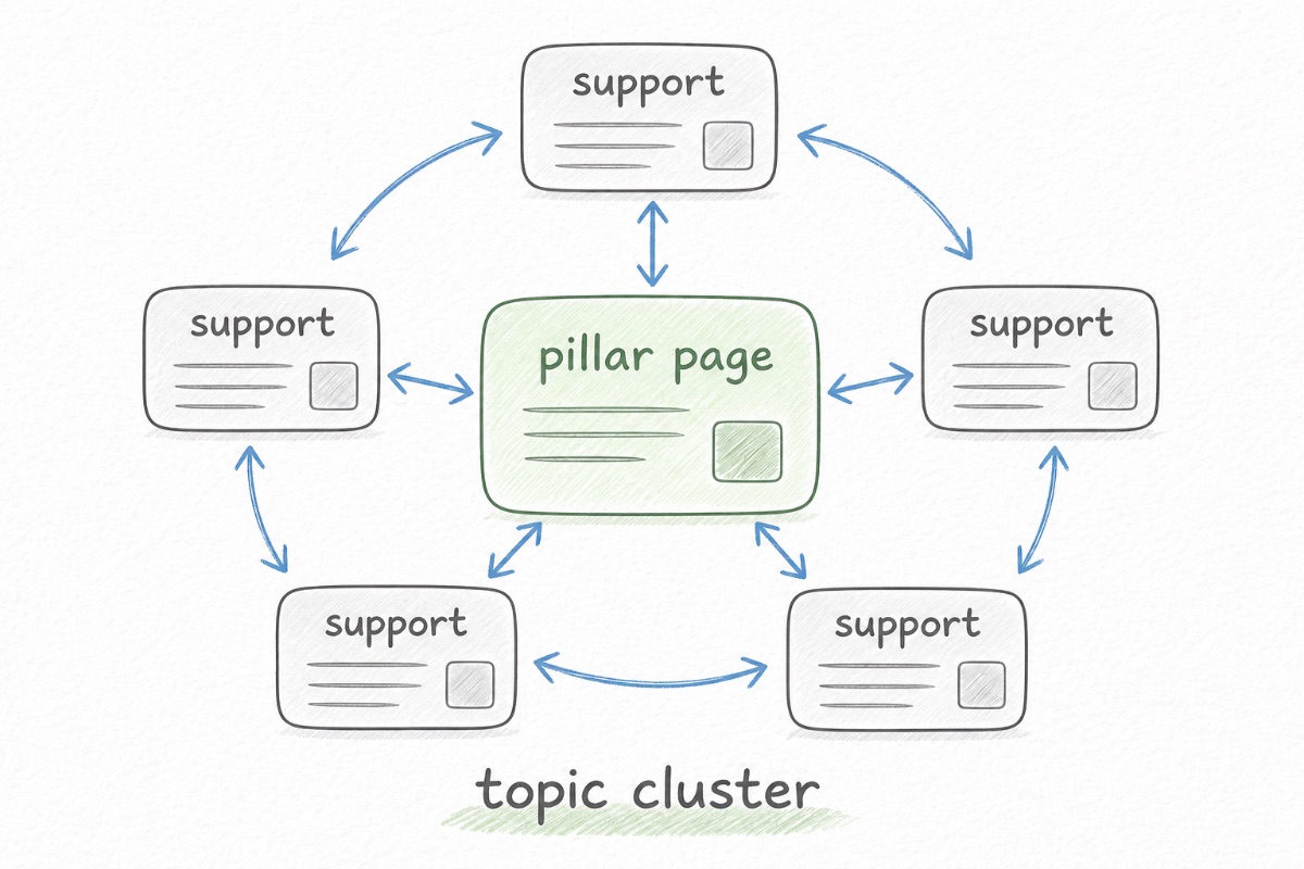 Topic cluster map with a central pillar page connected to related supporting articles