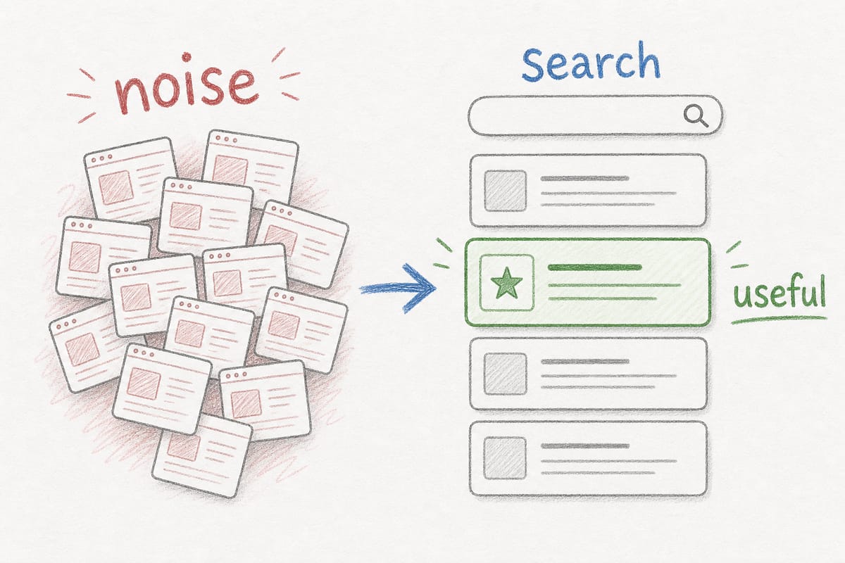 SEO landscape illustration showing useful content standing out from a flood of generic content
