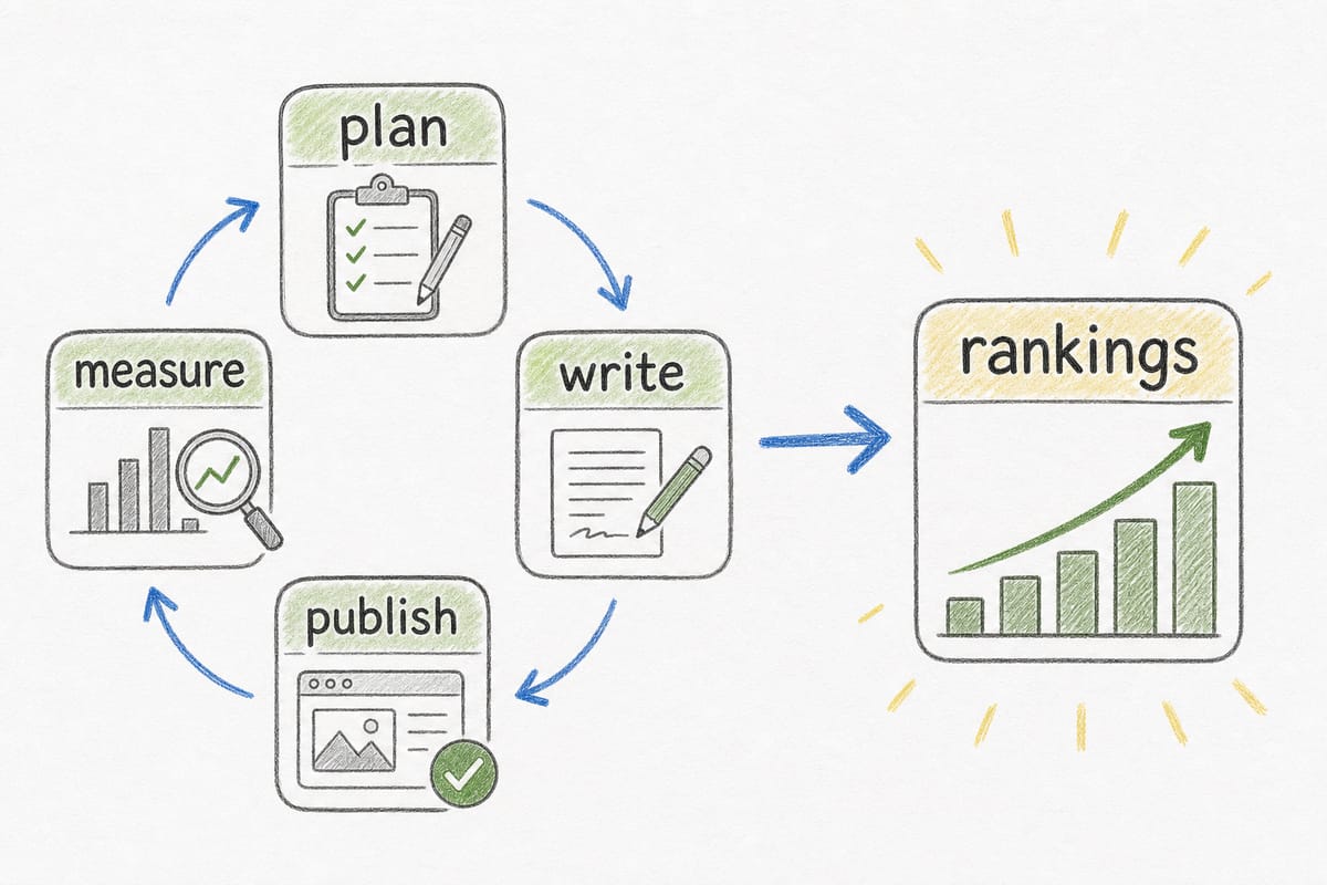 Weekly SEO routine illustration showing planning, writing, publishing, and measuring compounding into rankings