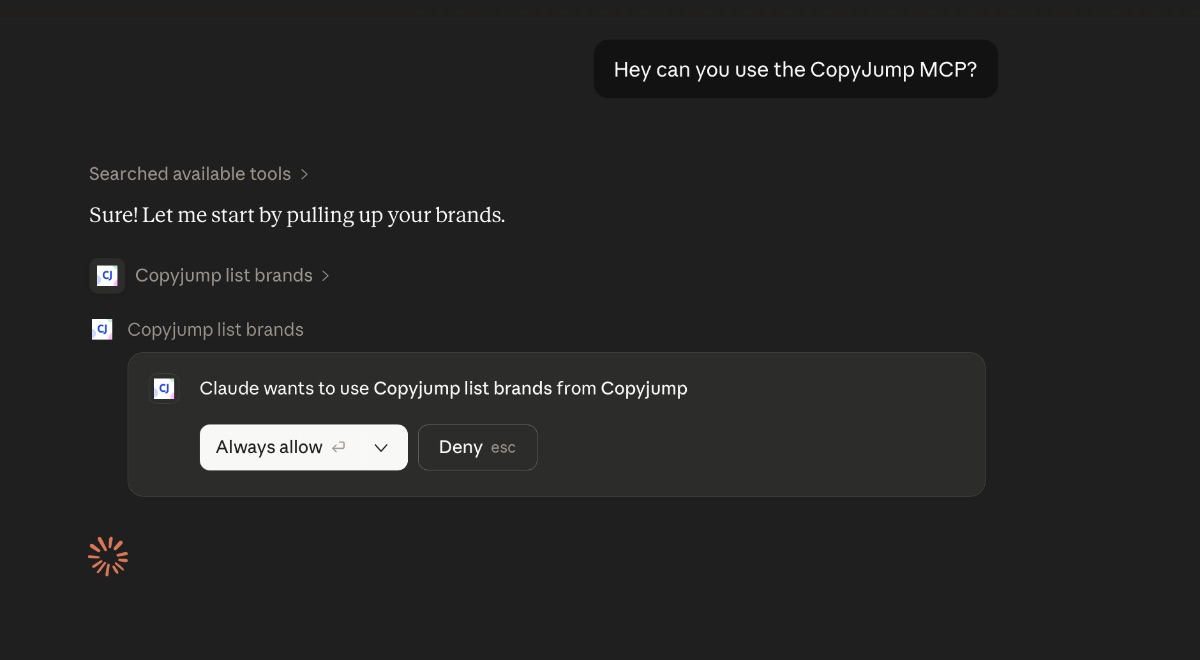Claude using the CopyJump MCP server to list available brands
