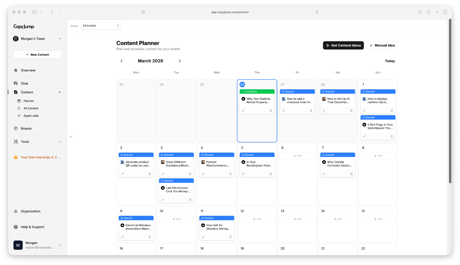 Content calendar showing articles scheduled across multiple brands